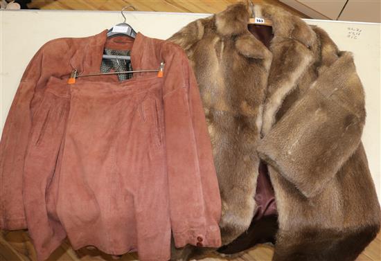 A fur coat and a ladys vintage suede two piece suit